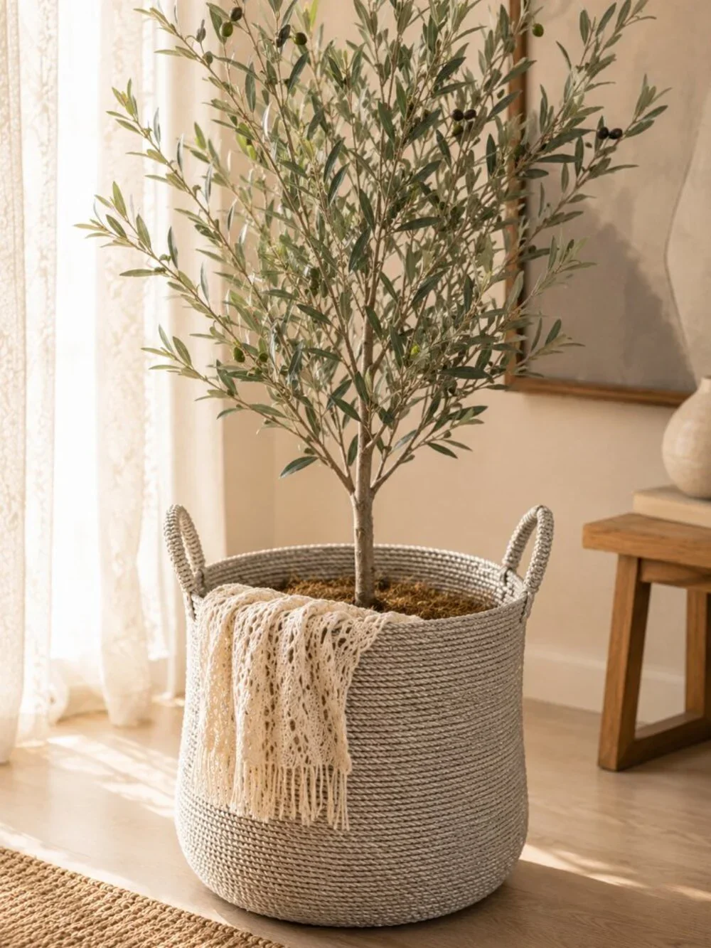 Large Metallic Silver Woven Basket With Sturdy Handles